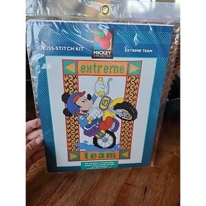 NOS Disney‎ Mickey Mouse Unlimited Counted Cross Stitch Kit Motorcycle Motocross